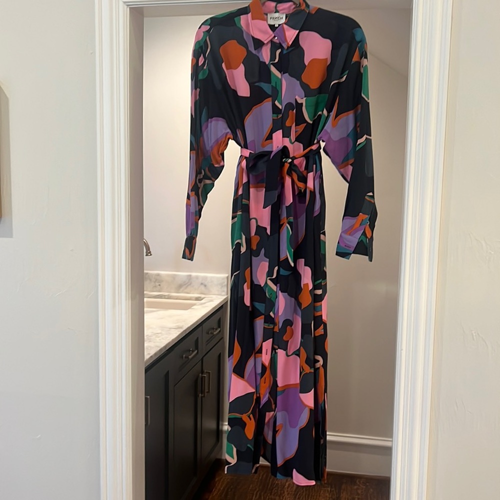 FRNCH Abstract Print Midi Dress in Black, Pink, Purple, Green, Rust